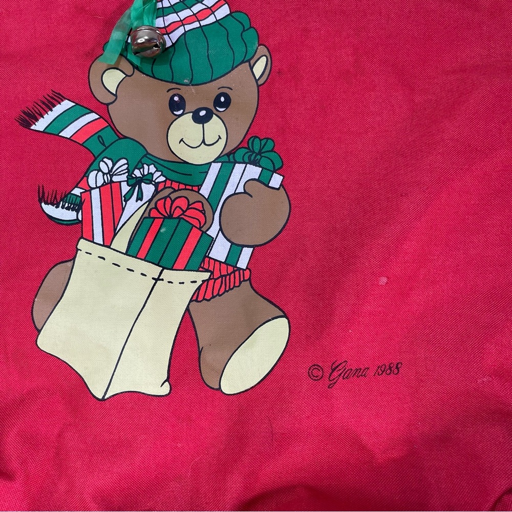 Vintage Christmas 1988 Winter Teddy Bear Red Canvas Tote Bag Jingle Bell  17x18' - Picture 3 of 10